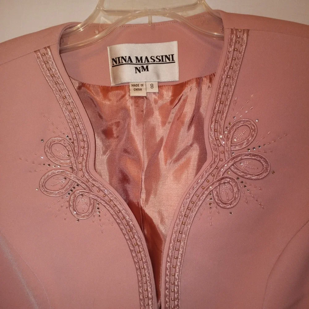 Nina Massini Size 8‎ Skirt Suit 3 Piece Dusty Pink Beaded Embellishments Vintage